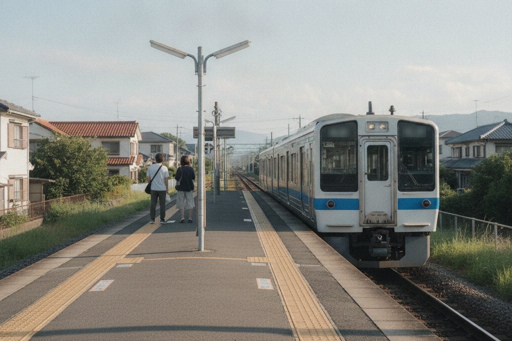 朝のホームに電車が入ってくるところ。待っているのは2人だけの、落ち着いた郊外の駅